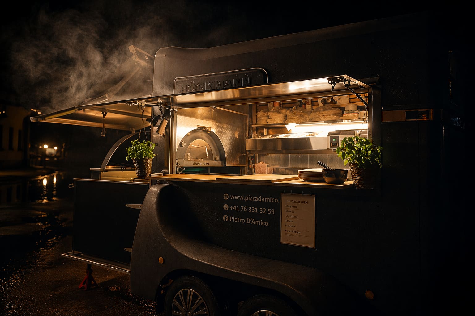 Pizza D'Amico Foodtruck bei Nacht — Pferdeanhänger mit Gasofen und warmem Glow